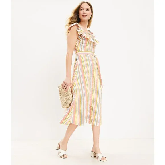 Ann Taylor LOFT Striped Ruffle Scoop Neck Midi Dress 8 - Picture 2 of 3